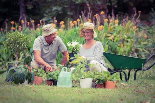 Gardening team meeting with safety equipment on site